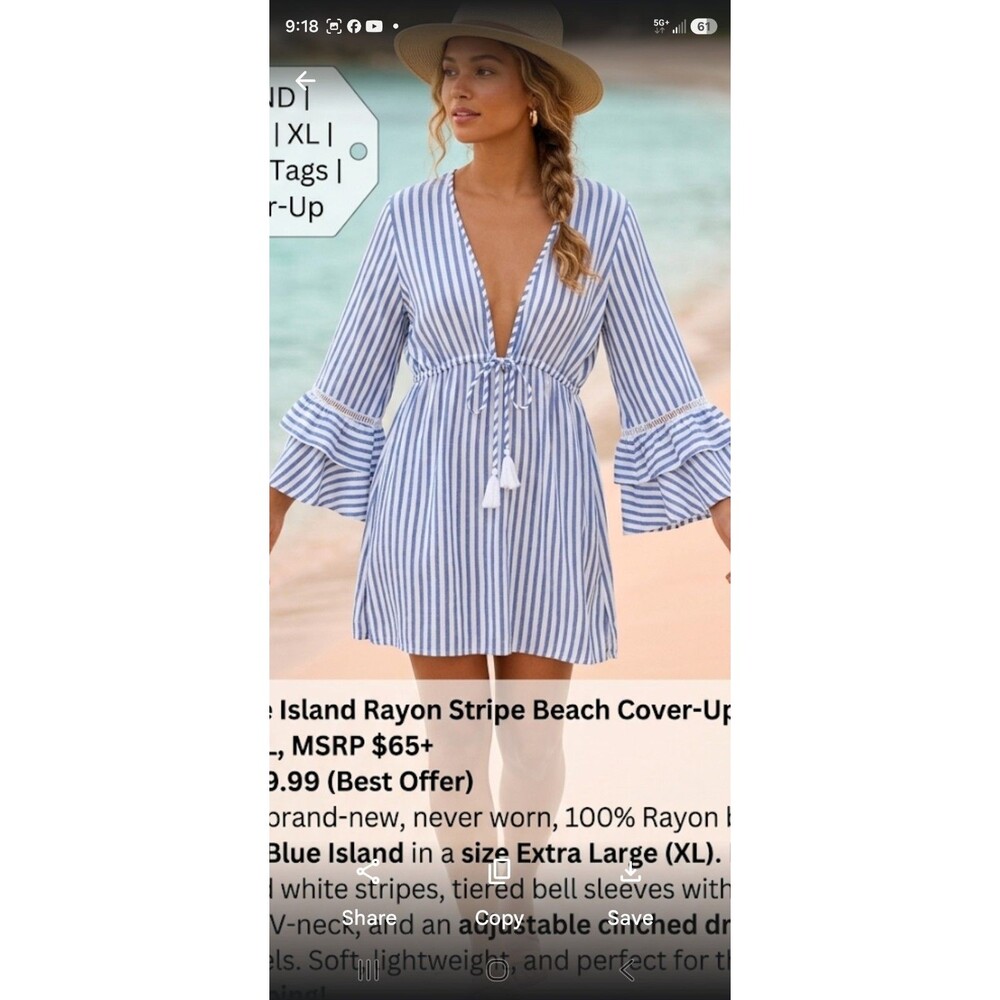 NWOT Blue Island 100% Rayon White Stripe Beach Cover-Up Dress Bell Sleeves XL - Picture 1 of 9